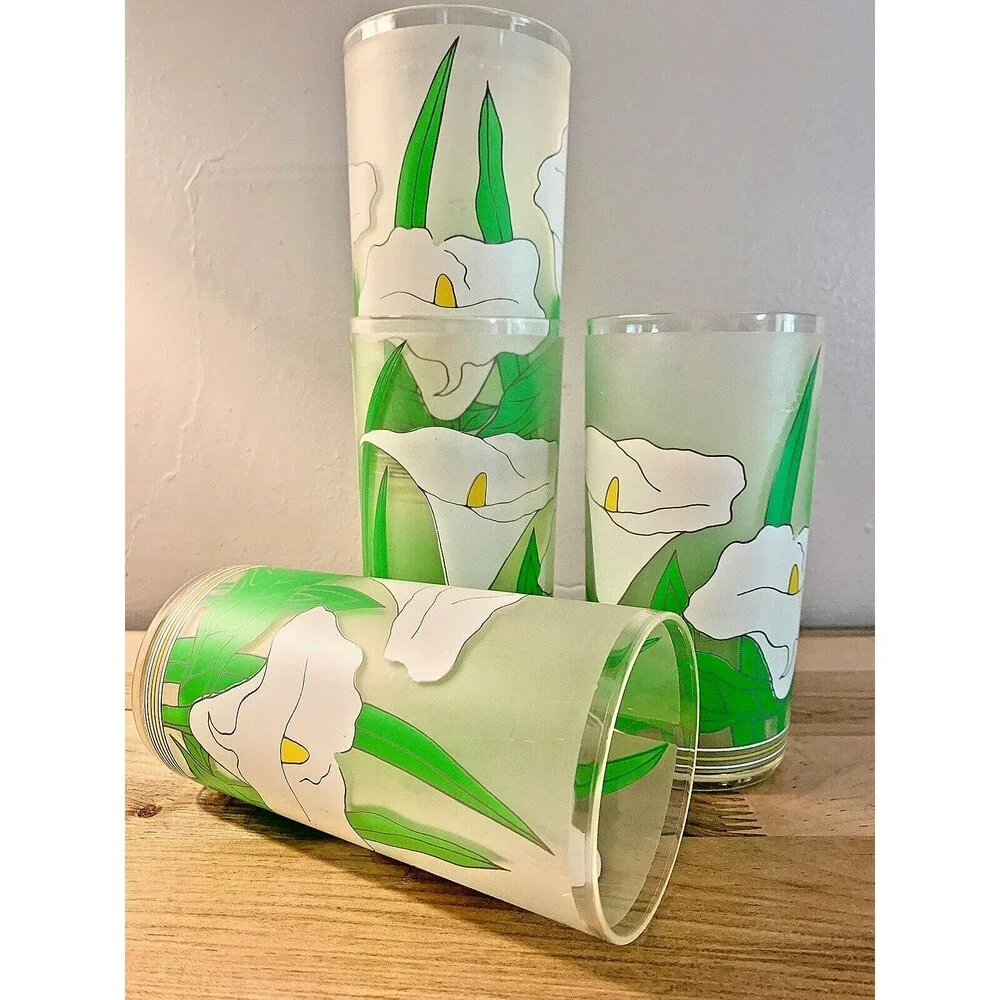 VTG Calla Lily Frosted Tumblers 4 Set 1980s Splash Ware Acrylic Cups 16 oz Retro